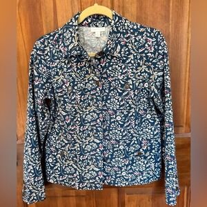 CHARTER CLUB Blue Red Floral Denim Jean-Style Jacket Brass Buttons Size S EUC